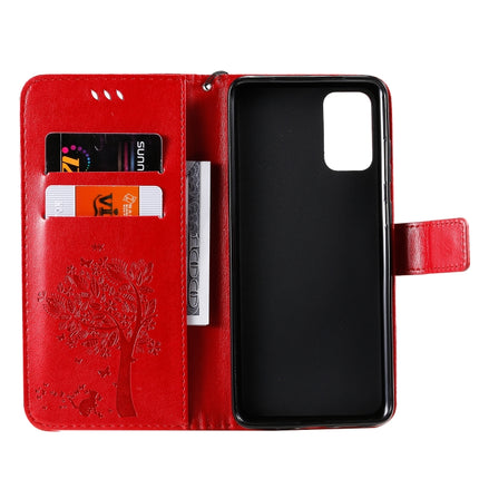 For Galaxy S20+ Tree & Cat Pattern Pressed Printing Horizontal Flip PU Leather Case with Holder & Card Slots & Wallet & Lanyard(Red)-garmade.com