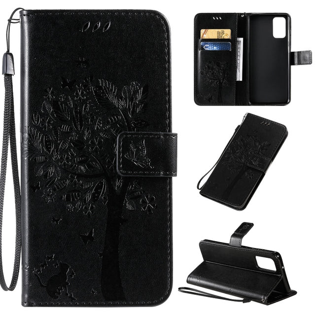 For Galaxy S20+ Tree & Cat Pattern Pressed Printing Horizontal Flip PU Leather Case with Holder & Card Slots & Wallet & Lanyard(Black)-garmade.com