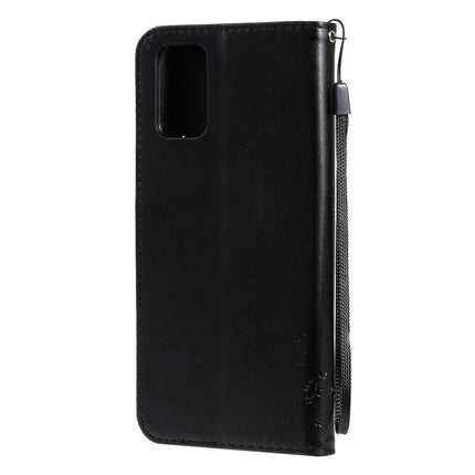 For Galaxy S20+ Tree & Cat Pattern Pressed Printing Horizontal Flip PU Leather Case with Holder & Card Slots & Wallet & Lanyard(Black)-garmade.com