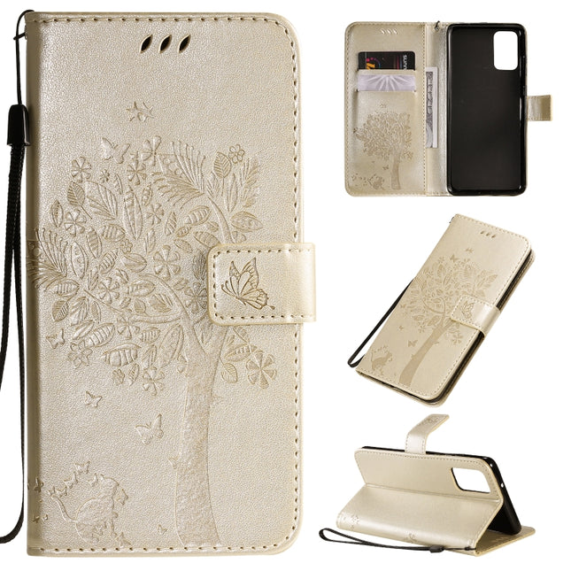 For Galaxy S20+ Tree & Cat Pattern Pressed Printing Horizontal Flip PU Leather Case with Holder & Card Slots & Wallet & Lanyard(Gold)-garmade.com