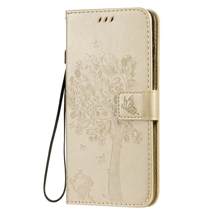 For Galaxy S20+ Tree & Cat Pattern Pressed Printing Horizontal Flip PU Leather Case with Holder & Card Slots & Wallet & Lanyard(Gold)-garmade.com
