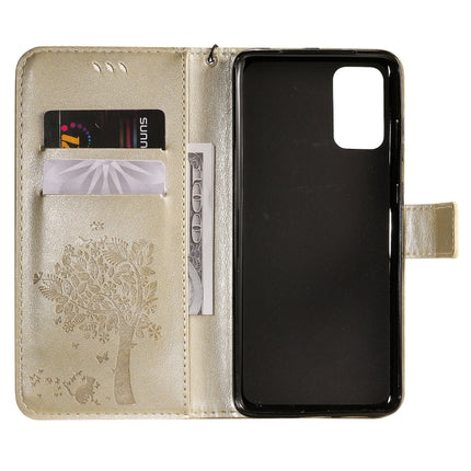 For Galaxy S20+ Tree & Cat Pattern Pressed Printing Horizontal Flip PU Leather Case with Holder & Card Slots & Wallet & Lanyard(Gold)-garmade.com