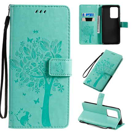 For Galaxy S20 Ultra Tree & Cat Pattern Pressed Printing Horizontal Flip PU Leather Case with Holder & Card Slots & Wallet & Lanyard(Green)-garmade.com