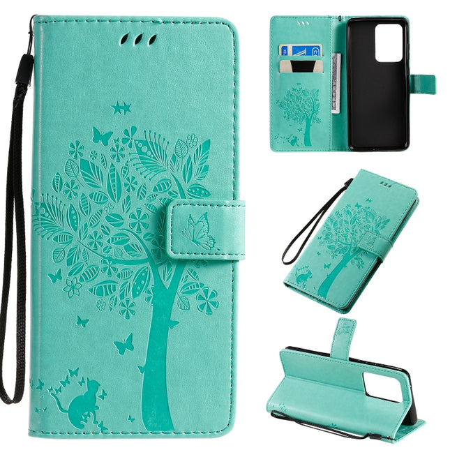 For Galaxy S20 Ultra Tree & Cat Pattern Pressed Printing Horizontal Flip PU Leather Case with Holder & Card Slots & Wallet & Lanyard(Green)-garmade.com