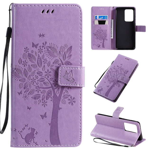 For Galaxy S20 Ultra Tree & Cat Pattern Pressed Printing Horizontal Flip PU Leather Case with Holder & Card Slots & Wallet & Lanyard(Light Purple)-garmade.com