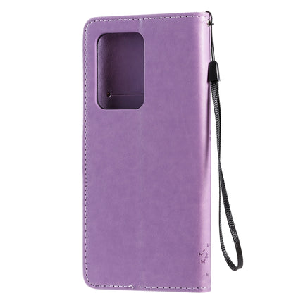 For Galaxy S20 Ultra Tree & Cat Pattern Pressed Printing Horizontal Flip PU Leather Case with Holder & Card Slots & Wallet & Lanyard(Light Purple)-garmade.com