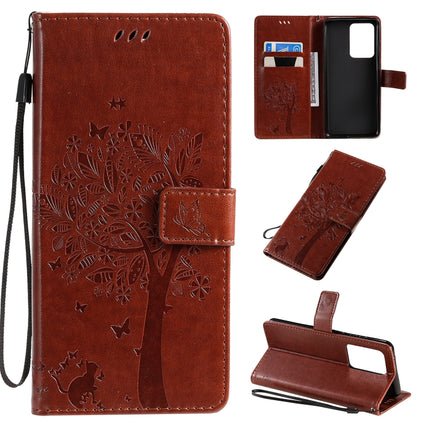 For Galaxy S20 Ultra Tree & Cat Pattern Pressed Printing Horizontal Flip PU Leather Case with Holder & Card Slots & Wallet & Lanyard(Coffee)-garmade.com