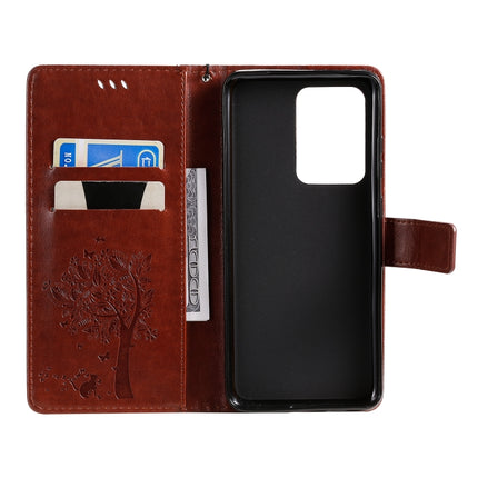 For Galaxy S20 Ultra Tree & Cat Pattern Pressed Printing Horizontal Flip PU Leather Case with Holder & Card Slots & Wallet & Lanyard(Coffee)-garmade.com
