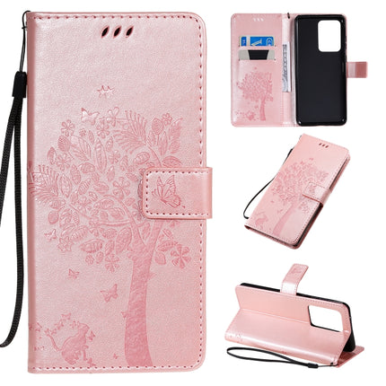 For Galaxy S20 Ultra Tree & Cat Pattern Pressed Printing Horizontal Flip PU Leather Case with Holder & Card Slots & Wallet & Lanyard(Rose Gold)-garmade.com