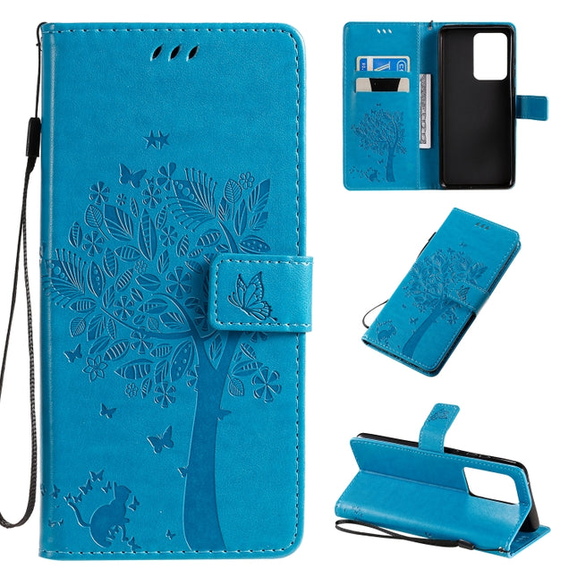 For Galaxy S20 Ultra Tree & Cat Pattern Pressed Printing Horizontal Flip PU Leather Case with Holder & Card Slots & Wallet & Lanyard(Blue)-garmade.com
