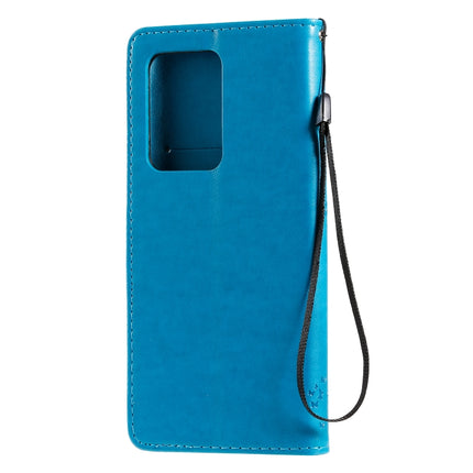 For Galaxy S20 Ultra Tree & Cat Pattern Pressed Printing Horizontal Flip PU Leather Case with Holder & Card Slots & Wallet & Lanyard(Blue)-garmade.com