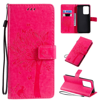 For Galaxy S20 Ultra Tree & Cat Pattern Pressed Printing Horizontal Flip PU Leather Case with Holder & Card Slots & Wallet & Lanyard(Rose Red)-garmade.com