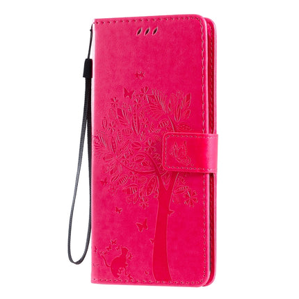 For Galaxy S20 Ultra Tree & Cat Pattern Pressed Printing Horizontal Flip PU Leather Case with Holder & Card Slots & Wallet & Lanyard(Rose Red)-garmade.com