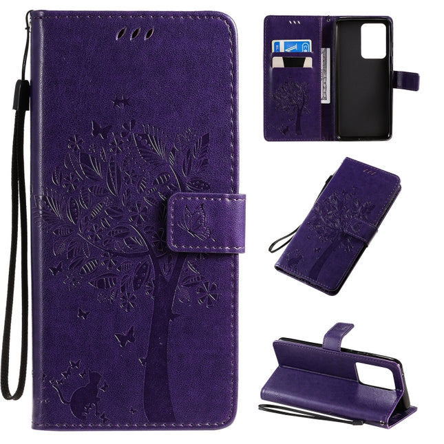 For Galaxy S20 Ultra Tree & Cat Pattern Pressed Printing Horizontal Flip PU Leather Case with Holder & Card Slots & Wallet & Lanyard(Purple)-garmade.com