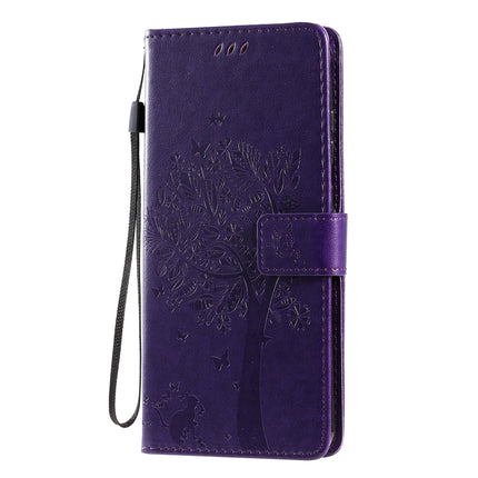For Galaxy S20 Ultra Tree & Cat Pattern Pressed Printing Horizontal Flip PU Leather Case with Holder & Card Slots & Wallet & Lanyard(Purple)-garmade.com