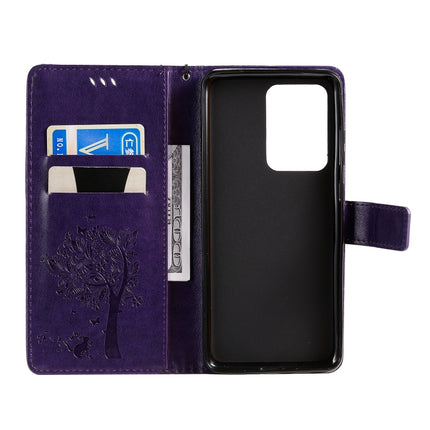 For Galaxy S20 Ultra Tree & Cat Pattern Pressed Printing Horizontal Flip PU Leather Case with Holder & Card Slots & Wallet & Lanyard(Purple)-garmade.com