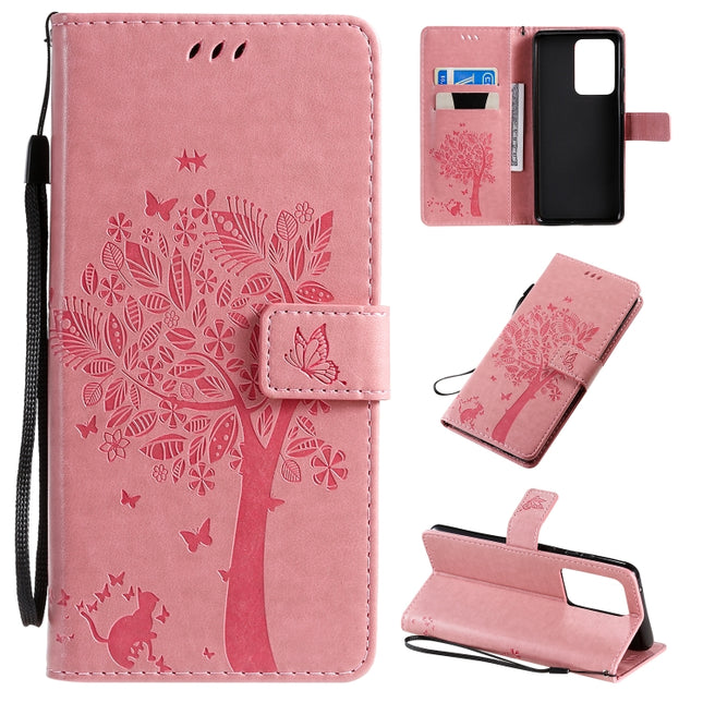 For Galaxy S20 Ultra Tree & Cat Pattern Pressed Printing Horizontal Flip PU Leather Case with Holder & Card Slots & Wallet & Lanyard(Pink)-garmade.com