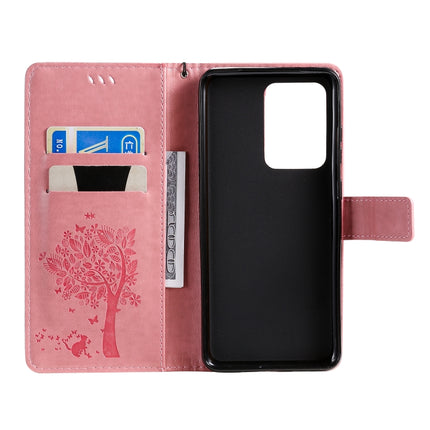 For Galaxy S20 Ultra Tree & Cat Pattern Pressed Printing Horizontal Flip PU Leather Case with Holder & Card Slots & Wallet & Lanyard(Pink)-garmade.com