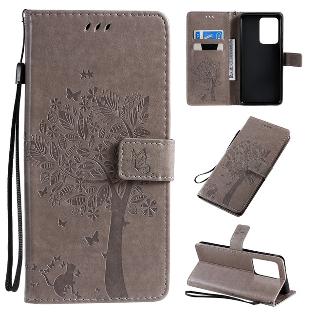 For Galaxy S20 Ultra Tree & Cat Pattern Pressed Printing Horizontal Flip PU Leather Case with Holder & Card Slots & Wallet & Lanyard(Grey)-garmade.com