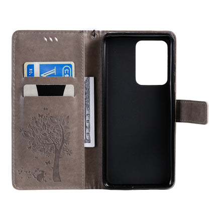 For Galaxy S20 Ultra Tree & Cat Pattern Pressed Printing Horizontal Flip PU Leather Case with Holder & Card Slots & Wallet & Lanyard(Grey)-garmade.com