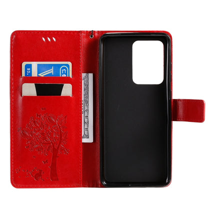 For Galaxy S20 Ultra Tree & Cat Pattern Pressed Printing Horizontal Flip PU Leather Case with Holder & Card Slots & Wallet & Lanyard(Red)-garmade.com