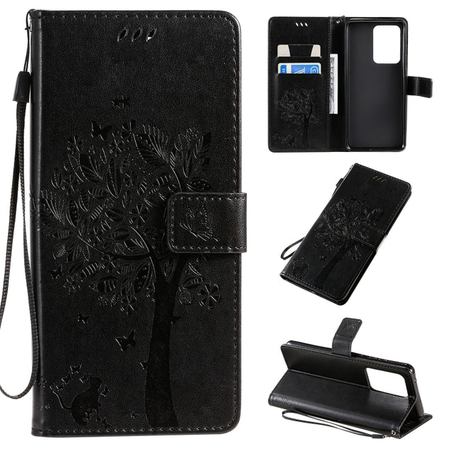 For Galaxy S20 Ultra Tree & Cat Pattern Pressed Printing Horizontal Flip PU Leather Case with Holder & Card Slots & Wallet & Lanyard(Black)-garmade.com