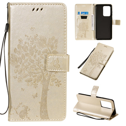 For Galaxy S20 Ultra Tree & Cat Pattern Pressed Printing Horizontal Flip PU Leather Case with Holder & Card Slots & Wallet & Lanyard(Gold)-garmade.com