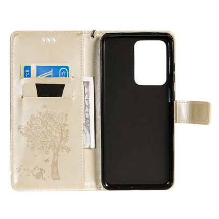 For Galaxy S20 Ultra Tree & Cat Pattern Pressed Printing Horizontal Flip PU Leather Case with Holder & Card Slots & Wallet & Lanyard(Gold)-garmade.com