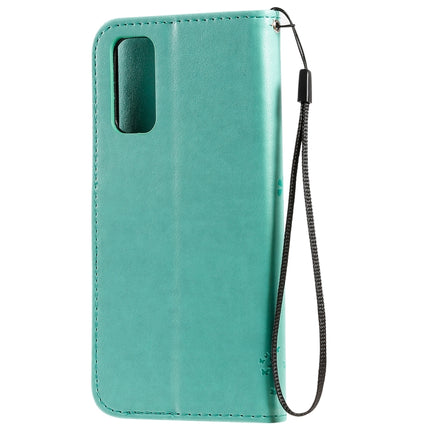 For Galaxy S20 Tree & Cat Pattern Pressed Printing Horizontal Flip PU Leather Case with Holder & Card Slots & Wallet & Lanyard(Green)-garmade.com