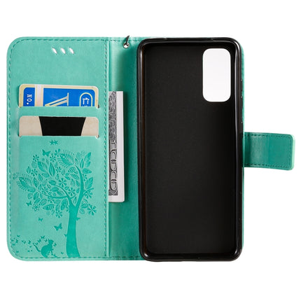 For Galaxy S20 Tree & Cat Pattern Pressed Printing Horizontal Flip PU Leather Case with Holder & Card Slots & Wallet & Lanyard(Green)-garmade.com