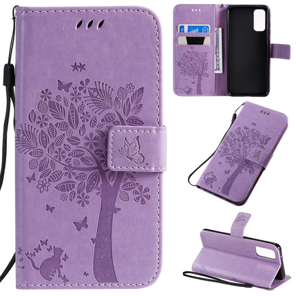 For Galaxy S20 Tree & Cat Pattern Pressed Printing Horizontal Flip PU Leather Case with Holder & Card Slots & Wallet & Lanyard(Light Purple)-garmade.com