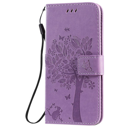 For Galaxy S20 Tree & Cat Pattern Pressed Printing Horizontal Flip PU Leather Case with Holder & Card Slots & Wallet & Lanyard(Light Purple)-garmade.com