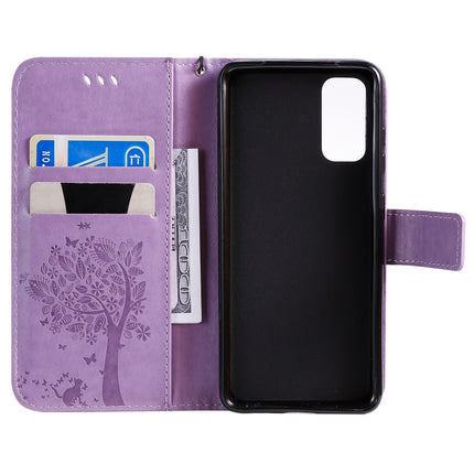 For Galaxy S20 Tree & Cat Pattern Pressed Printing Horizontal Flip PU Leather Case with Holder & Card Slots & Wallet & Lanyard(Light Purple)-garmade.com
