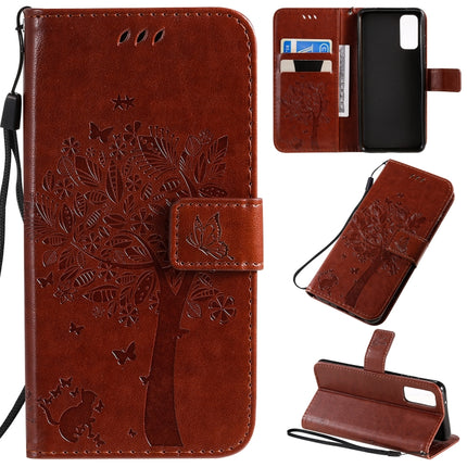 For Galaxy S20 Tree & Cat Pattern Pressed Printing Horizontal Flip PU Leather Case with Holder & Card Slots & Wallet & Lanyard(Coffee)-garmade.com