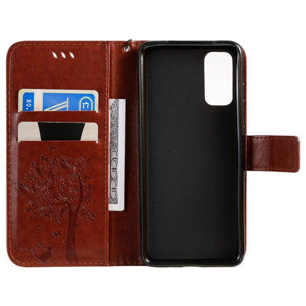 For Galaxy S20 Tree & Cat Pattern Pressed Printing Horizontal Flip PU Leather Case with Holder & Card Slots & Wallet & Lanyard(Coffee)-garmade.com