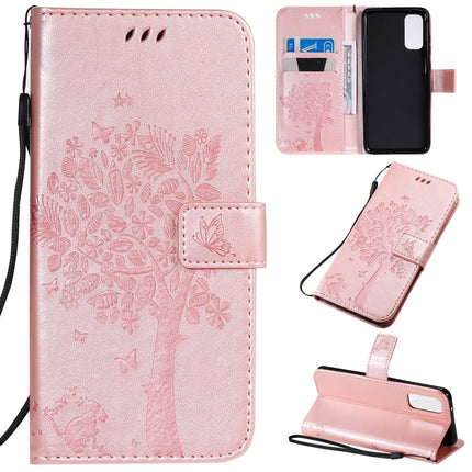 For Galaxy S20 Tree & Cat Pattern Pressed Printing Horizontal Flip PU Leather Case with Holder & Card Slots & Wallet & Lanyard(Rose Gold)-garmade.com