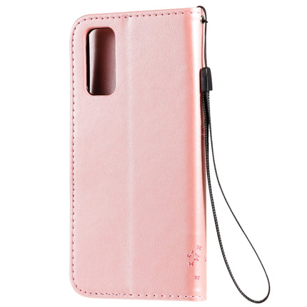 For Galaxy S20 Tree & Cat Pattern Pressed Printing Horizontal Flip PU Leather Case with Holder & Card Slots & Wallet & Lanyard(Rose Gold)-garmade.com