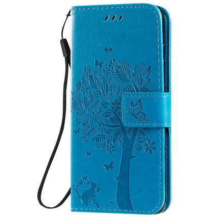 For Galaxy S20 Tree & Cat Pattern Pressed Printing Horizontal Flip PU Leather Case with Holder & Card Slots & Wallet & Lanyard(Blue)-garmade.com