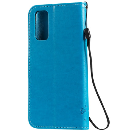For Galaxy S20 Tree & Cat Pattern Pressed Printing Horizontal Flip PU Leather Case with Holder & Card Slots & Wallet & Lanyard(Blue)-garmade.com