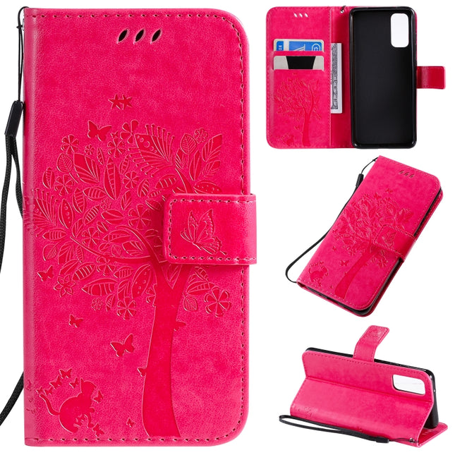 For Galaxy S20 Tree & Cat Pattern Pressed Printing Horizontal Flip PU Leather Case with Holder & Card Slots & Wallet & Lanyard(Rose Red)-garmade.com