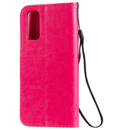 For Galaxy S20 Tree & Cat Pattern Pressed Printing Horizontal Flip PU Leather Case with Holder & Card Slots & Wallet & Lanyard(Rose Red)-garmade.com