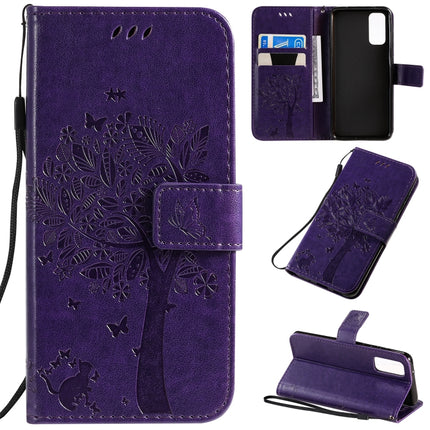 For Galaxy S20 Tree & Cat Pattern Pressed Printing Horizontal Flip PU Leather Case with Holder & Card Slots & Wallet & Lanyard(Purple)-garmade.com