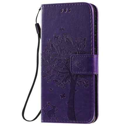 For Galaxy S20 Tree & Cat Pattern Pressed Printing Horizontal Flip PU Leather Case with Holder & Card Slots & Wallet & Lanyard(Purple)-garmade.com