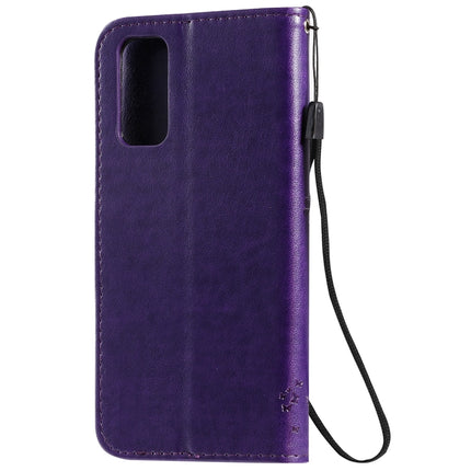 For Galaxy S20 Tree & Cat Pattern Pressed Printing Horizontal Flip PU Leather Case with Holder & Card Slots & Wallet & Lanyard(Purple)-garmade.com