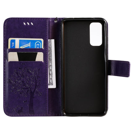 For Galaxy S20 Tree & Cat Pattern Pressed Printing Horizontal Flip PU Leather Case with Holder & Card Slots & Wallet & Lanyard(Purple)-garmade.com