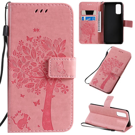 For Galaxy S20 Tree & Cat Pattern Pressed Printing Horizontal Flip PU Leather Case with Holder & Card Slots & Wallet & Lanyard(Pink)-garmade.com