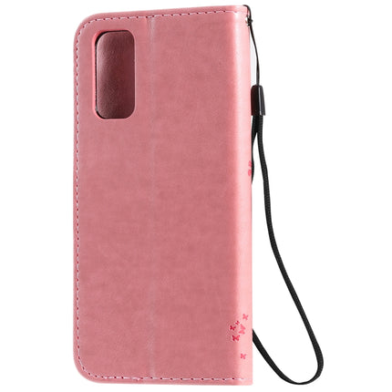 For Galaxy S20 Tree & Cat Pattern Pressed Printing Horizontal Flip PU Leather Case with Holder & Card Slots & Wallet & Lanyard(Pink)-garmade.com