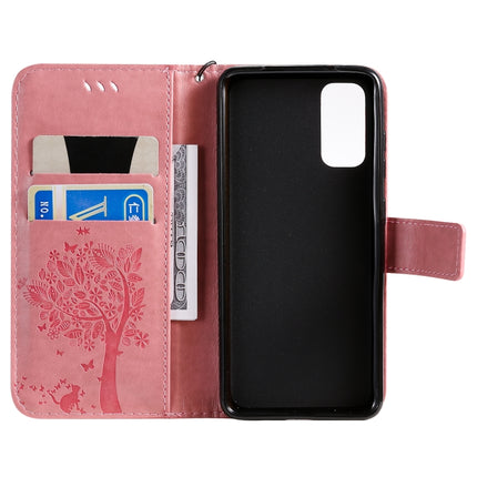 For Galaxy S20 Tree & Cat Pattern Pressed Printing Horizontal Flip PU Leather Case with Holder & Card Slots & Wallet & Lanyard(Pink)-garmade.com