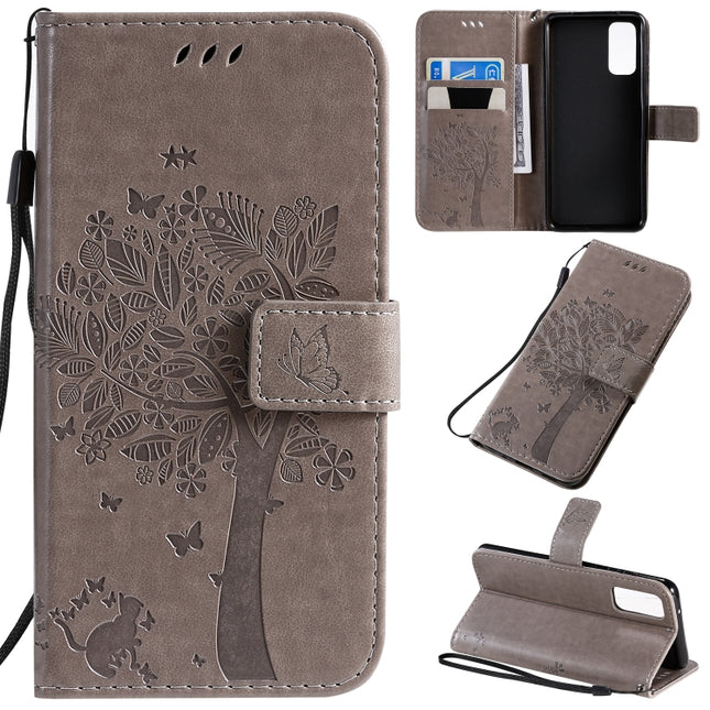 For Galaxy S20 Tree & Cat Pattern Pressed Printing Horizontal Flip PU Leather Case with Holder & Card Slots & Wallet & Lanyard(Grey)-garmade.com