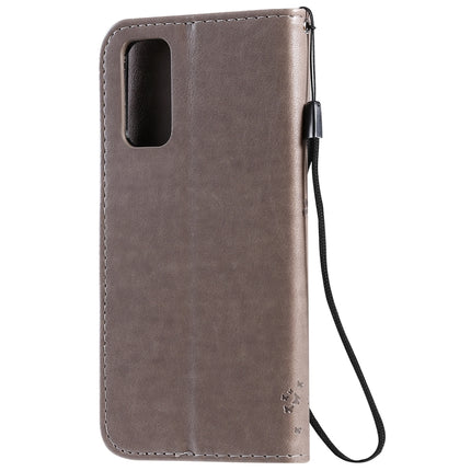 For Galaxy S20 Tree & Cat Pattern Pressed Printing Horizontal Flip PU Leather Case with Holder & Card Slots & Wallet & Lanyard(Grey)-garmade.com